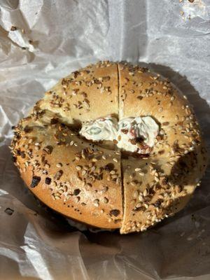 everything bagel toasted with vegetable cream cheese