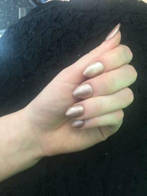 Booked an appt. with Justin, He fixed them perfectly and knew exactly which shape I wanted. I chose this gorgeous shimmery Rose Gold swatch!