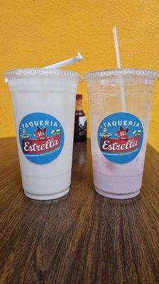 Aguas Frescas. Horchata and Coco con Fresa.