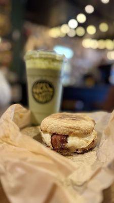 Tiger belly breakfast sandwich with Matcha green tea latte