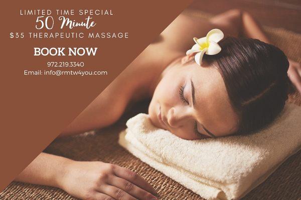 Limited Time Special
50 minute massage for $35