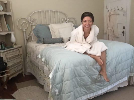 In an antique doll house with high ceilings for my solo getaway.