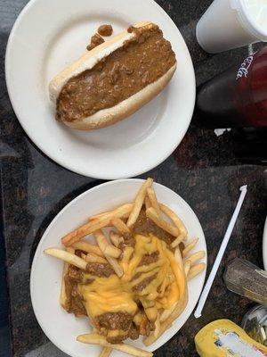 Coney dog and chili cheese fries