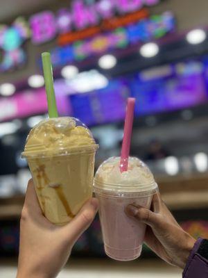 Mango milkshake (M) and strawberry milkshake (M)