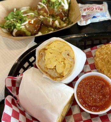 Breakfast burrito red salsa sweet corn cakes