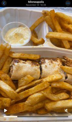 Chicken shawarma saj plate $15.99 comes with a drink and fries