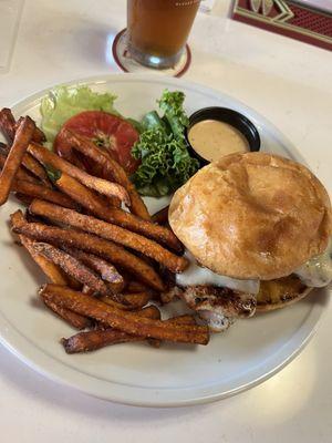 Blackened chicken sandwich with sweet potato fries