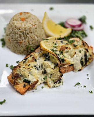 Stuffed Salmon with Rice Pilaf