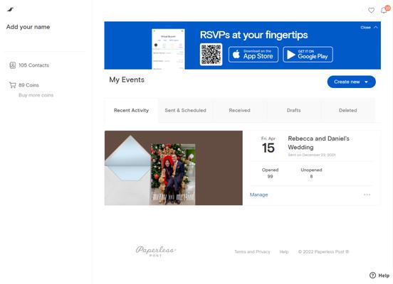 My Events dashboard on Paperless Post. Screenshot for example of interface and what to expect.