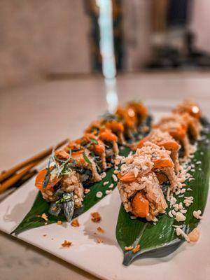 Truffle salmon right Crunchy shrimp roll left