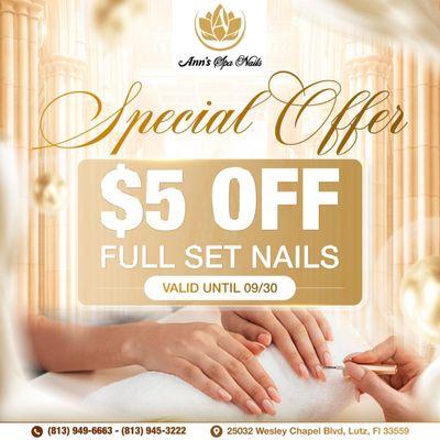 TREAT YOURSELF TO STUNNING NAILS AND SAVINGS
Get $5 OFF a Full Set of Nails
Valid until 09/30/2025
It's the perfect time t