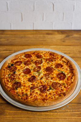 our home made Mr pizza 
Bell pepper, mushroom, black olive, green olive and pepperoni