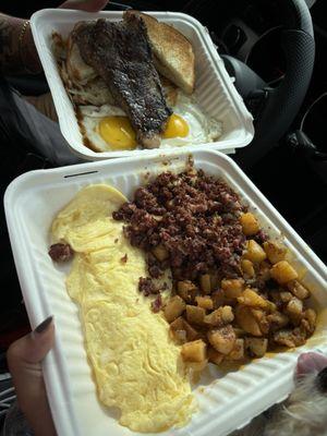Steak & eggs (top) and ozzie's platter (bottom)
