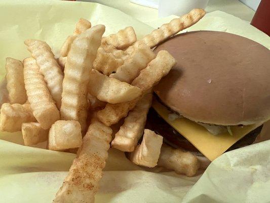 Single cheeseburger and fries