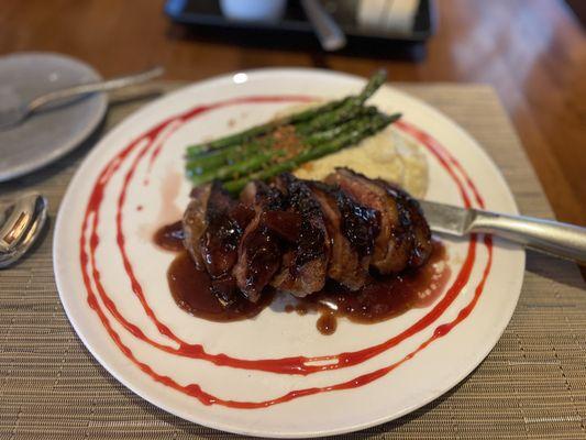 cherry duck, garlic whipped mashed Potatoes, and asparagus