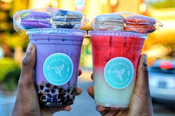 Purple Taro Milk Tea and Pink Lady and macarons