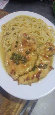 Chicken Piccata: Chicken cutlets, capers, in lemon-butter & white wine sauce, over linguini pasta