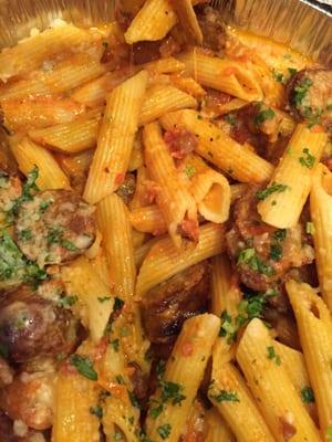 Penne vodka with sausage.