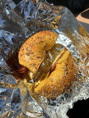 Bacon egg and cheese w/ extra bacon on and egg everything bagel