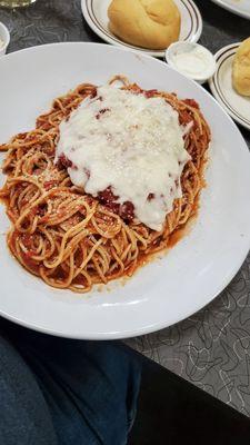 Chicken Parmesion, huge portion of pasta with thick marinara.