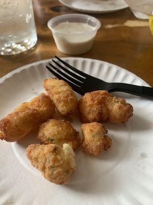 Fried cheese curds, with Ranch Dressing.