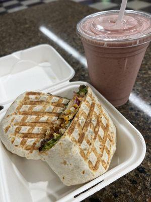 Crispy chicken wrap and PB&J Smoothie