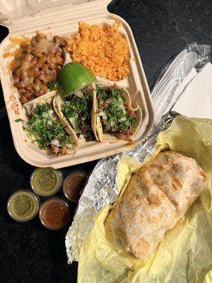 Tacos - Asada, Carnitas, Birria with rice and beans; Asada burrito (all not good).