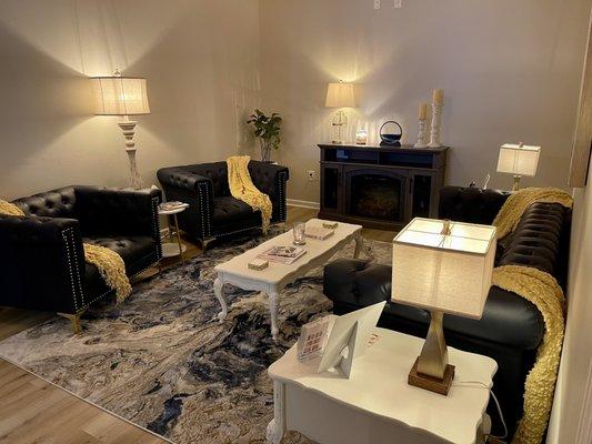 The Serenity Room where you can relax and unwind with a hot cup of coffee or tea with a honey spoon!