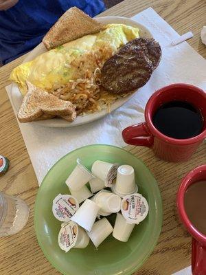 Veggie omelette sausage patties rye toast coffee