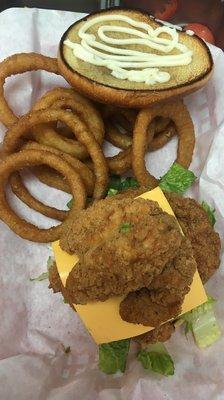 Fried Chicken Sandwich and Onion Rings.