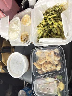 Hibachi shrimp, steamed white rice, soup, and spicy edamame