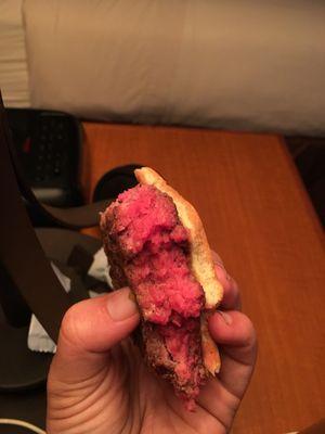 Bison burger ordered medium. A medium burger should have a hint of pink. This was bright red and tasted barely cooked.