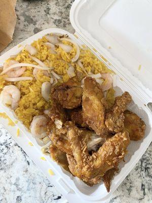 Chicken wings and shrimp fried rice. Delicious.
