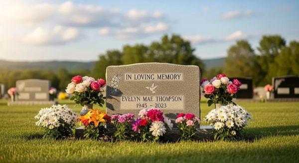 Custom headstone with floral arrangement, thoughtfully designed to honor a loved one's memory.