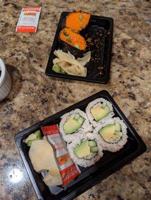 Masago nigiri $7.50, four pieces of avocado cucumber roll $7.50.... Four pieces of veggie roll should be less than 7.50.