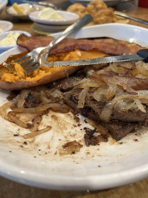 Liver, onions bacon and sweet potato