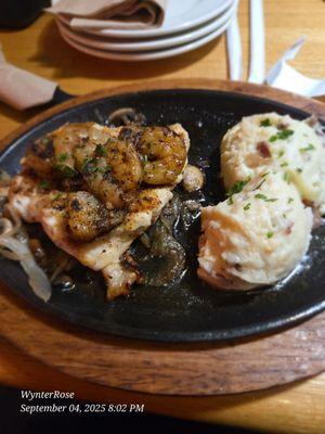 Bourbon Street Chicken and Shrimp with Garlic Mashed Potatoes.