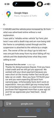 Response from Prince - the owner of ATI Auto who scammed me on my google review I posted.