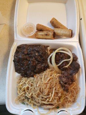 Pancit, steak, pork and lumpia