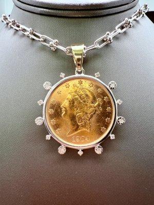 White gold custom diamond coin frame pendant!