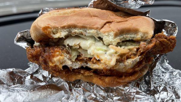 "Hot" chicken sandwich with slaw.