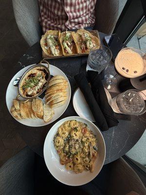 cheese tortellini, nc crab dip, shrimp tacos, and an espresso martini.