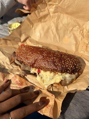 Garlic Steak Hoagie. Bread is amazing, great size, wish peppers were diced. I added caramelized onions.