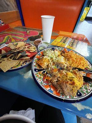 Chicken Enchiladas and chips - lots to enjoy!