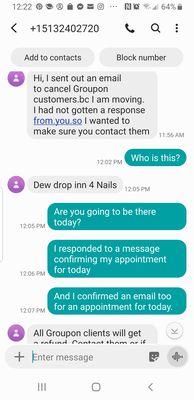 This is the conversation I had with the nail tech who cancelled less than 3 hours before the appointment . I took 3 pics for the convo.