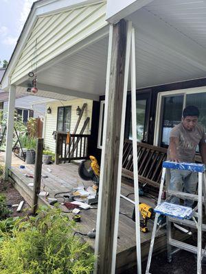 entrance porch posts covered with PVC.
