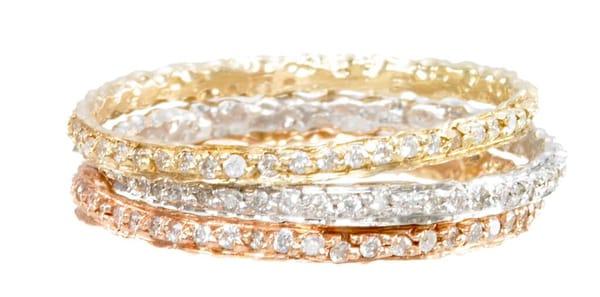 Pink, Yellow, and White Gold Pave 2mm Wedding Bands
