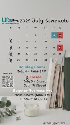 UA Auto Registration - July Hours Update
We're here to serve you all month long--with a few holiday exceptions!
Check out the calendar