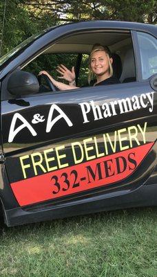 Ashley in our delivery car.