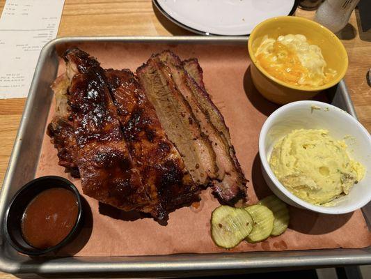 Pic 2 plate with Ribs and Brisket. Sides are Mac n Cheese and Potato Salad.